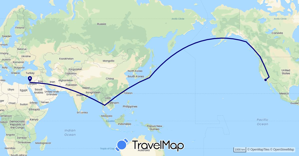 TravelMap itinerary: driving in Canada, Israel, Japan, Thailand, United States (Asia, North America)